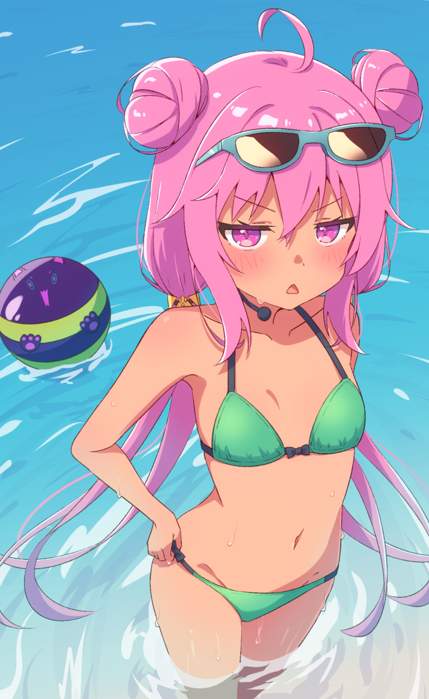 1girl, ahoge, ball, bare_arms, bare_shoulders, beachball, bemani, bikini, blush, breasts, choker, collarbone, day, double_bun, eyewear_on_head, grace_(sound_voltex), grace_(yumebuki)_(sound_voltex), green_bikini, groin, hair_between_eyes, hair_bun, highres, innertube, long_hair, looking_at_viewer, navel, nemsist, ocean, outdoors, pink_eyes, pink_hair, purple_eyes, small_breasts, solo, sound_voltex, standing, stomach, string_bikini, sunglasses, swim_ring, swimsuit, tamaneko_(sound_voltex), tan, tanline, tongue, tongue_out, virtual_youtuber, wading, water, wet
