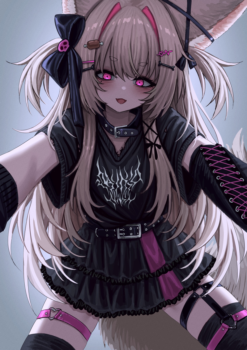 1girl, absurdres, animal_ears, belt, belt_collar, black_belt, black_bow, black_thighhighs, bone_hair_ornament, bow, collar, commentary, frilled_skirt, frills, goth_fashion, hair_intakes, hair_ornament, heart, heart_o-ring, highres, jirai_kei, lobsteranian, long_hair, looking_at_viewer, meat_hair_ornament, mole, mole_under_eye, nanako_niku, o-ring, open_mouth, pink_eyes, print_shirt, shirt, skirt, solo, stellarversepro, tail, thigh_strap, thighhighs, virtual_youtuber, wolf_ears, wolf_girl, wolf_tail