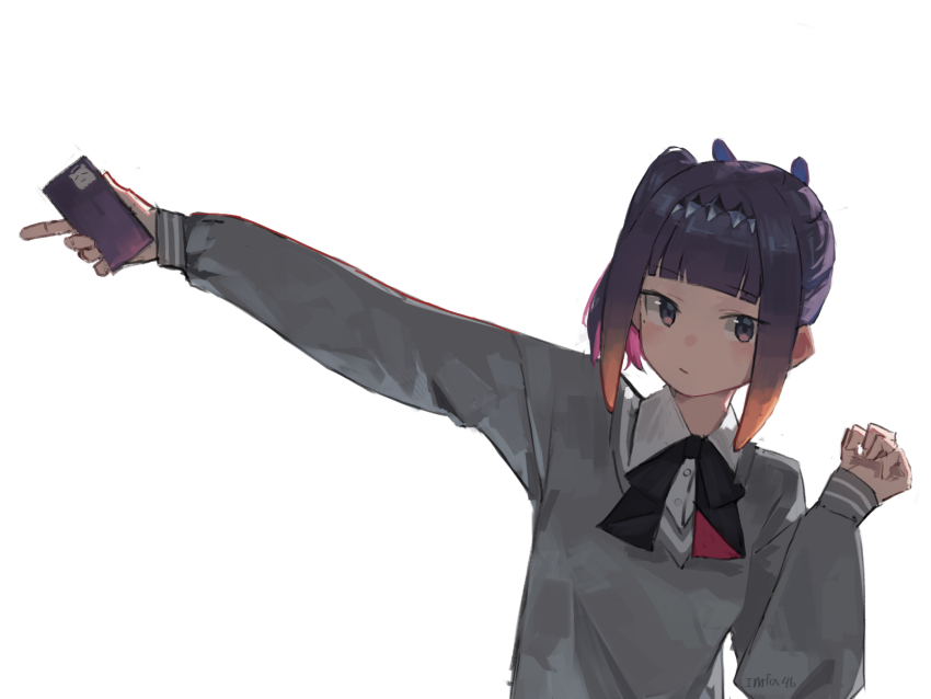 1girl, black_ribbon, blunt_bangs, closed_mouth, collared_shirt, colored_inner_hair, commentary, diamond_hairband