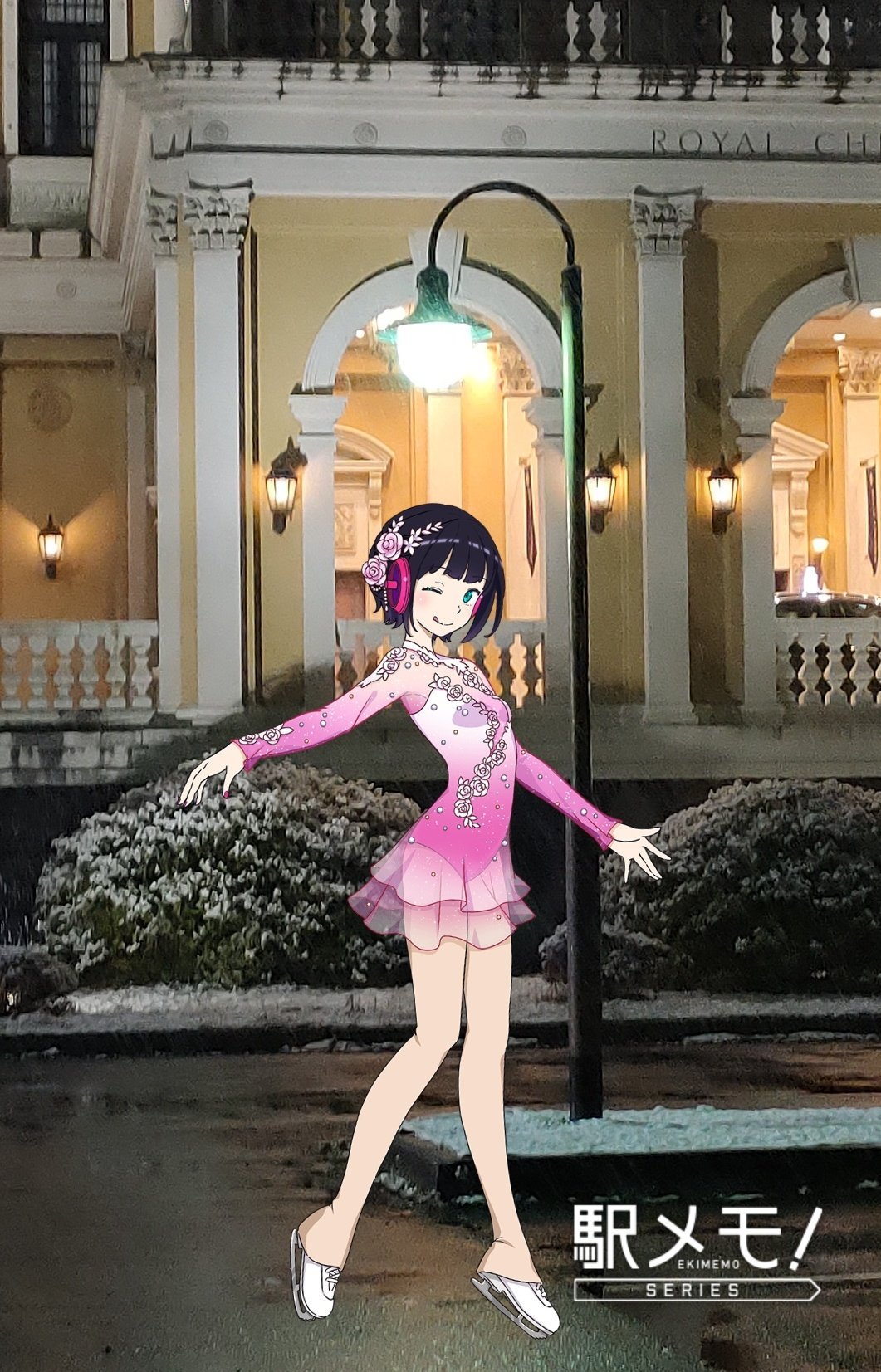 1girl, black_hair, figure_skating, highres, leotard, photo_background, pink_leotard, station_memories