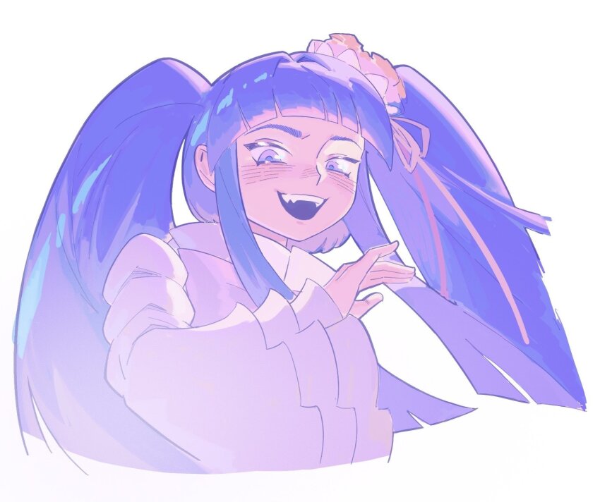 1girl, blue_hair, blunt_bangs, fangs, flower, frilled_sleeves, frills, furudo_erika