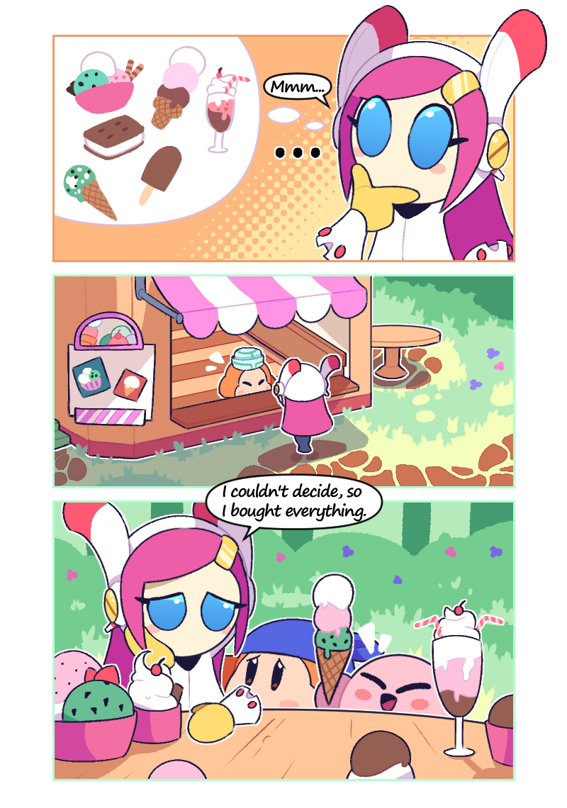 1girl, bandana, bandana_waddle_dee, blue_bandana, blue_eyes, blush_stickers, cherry, colored_skin