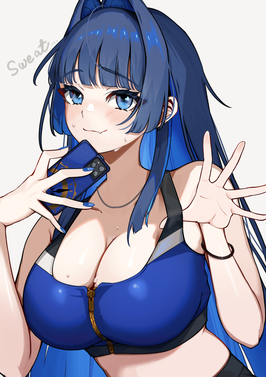 1girl, absurdres, alternate_costume, blue_eyes, blue_hair, blue_nails, blue_sports_bra, blunt_bangs, blunt_ends, blush, breasts, cellphone, cleavage, closed_mouth, clothes_pull, colored_inner_hair, commentary, crop_top, english_commentary, fang, fingernails, h4kuuua_0, hair_intakes, highres, holding, holding_phone, hololive, hololive_english, jewelry, large_breasts, long_hair, looking_at_viewer, midriff, multicolored_hair, necklace, ouro_kronii, phone, rubber_band, shirt_pull, sidelocks, simple_background, skin_fang, smartphone, smile, solo, sports_bra, sportswear, sweat, upper_body, virtual_youtuber, waving, white_background, zipper, zipper_top
