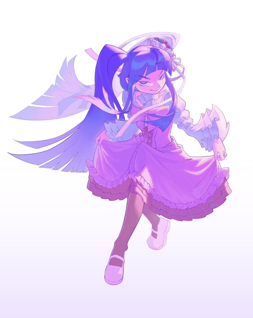 1girl, black_pantyhose, blue_eyes, blue_hair, bow, bowing, bowtie, closed_mouth, collared_shirt, corset, floating_hair, frilled_sleeves, frills, full_body, furudo_erika, high_collar, highres, juliet_sleeves, kapsule, layered_sleeves, long_hair, long_skirt, long_sleeves, looking_at_viewer, mary_janes, pantyhose, pink_bow, pink_bowtie, pink_corset, pink_skirt, pleated_collar, puffy_sleeves, shirt, shoes, simple_background, skirt, smile, solo, twintails, umineko_no_naku_koro_ni, white_background, white_shirt, white_shoes