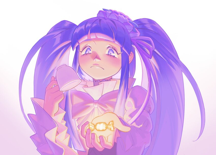 1girl, blue_eyes, blue_hair, blunt_bangs, bow, bowtie, candy, closed_mouth