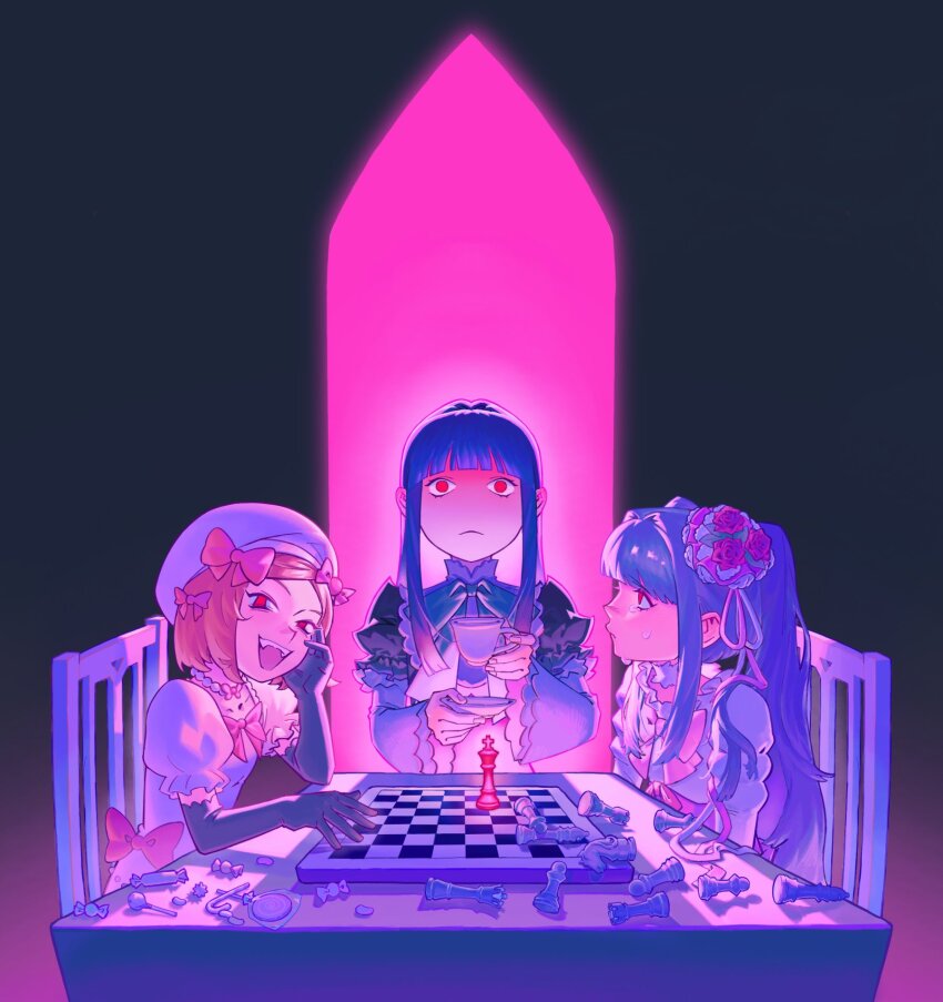 3girls, :<, beret, black_dress, black_gloves, blonde_hair, blue_hair, blunt_bangs, bow, bowtie, chair, chess_piece, chessboard, choker, closed_mouth, cup, dress, elbow_gloves, frederica_bernkastel, furudo_erika, gloves, hair_bow, hair_intakes, hat, highres, hime_cut, holding, holding_cup, holding_plate, kapsule, lambdadelta, layered_sleeves, long_hair, long_sleeves, looking_at_another, looking_at_viewer, multiple_girls, multiple_hair_bows, on_chair, pink_bow, plate, puffy_short_sleeves, puffy_sleeves, red_eyes, short_hair, short_over_long_sleeves, short_sleeves, sitting, standing, table, teacup, twintails, umineko_no_naku_koro_ni, witch