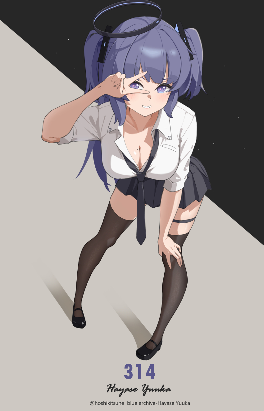 1girl, absurdres, black_necktie, black_shoes, black_skirt, black_thighhighs, blue_archive, blush