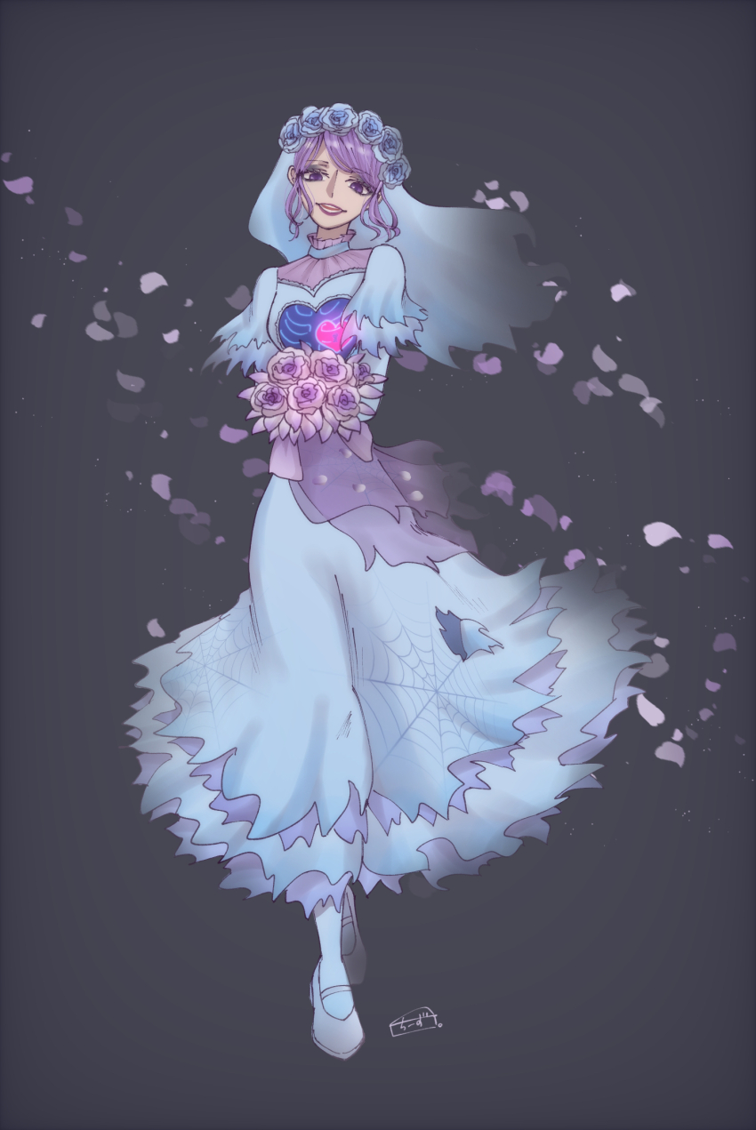 1girl, bridal_veil, cheesecaked23, disneyland, eyelashes, flower, flower_wreath, full_body