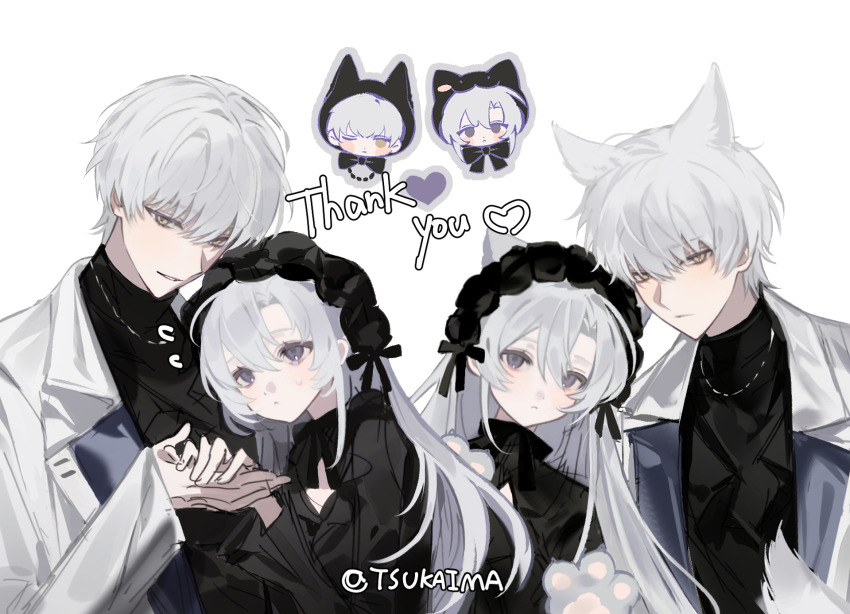 1boy, 1girl, 2boys, 2girls, animal_ears, black_dress, black_hairband, black_shirt