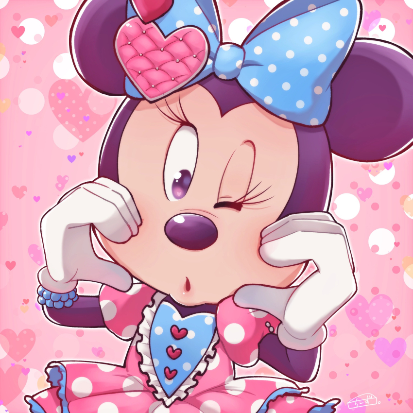 1girl, animal_ears, bow, cheesecaked23, disneyland, dress, eyelashes, gloves, hair_bow, heart, highres, looking_at_viewer, mickey_mouse_&amp;_friends, minnie_mouse, mouse_ears, mouse_girl, one_eye_closed, open_mouth, pink_dress, polka_dot, polka_dot_dress, white_gloves