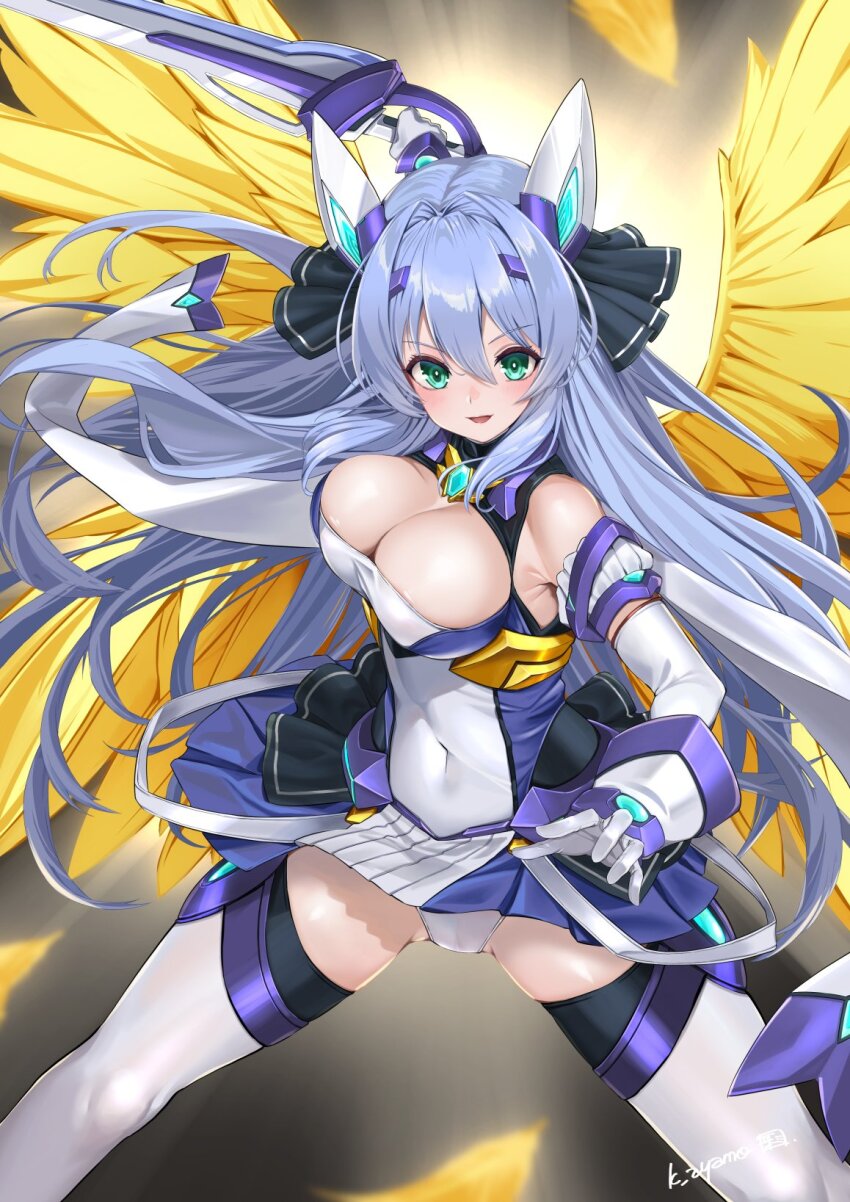 1girl, :d, angel_wings, ayamo_kaoru, bare_shoulders, black_ribbon, blue_hair, blue_skirt