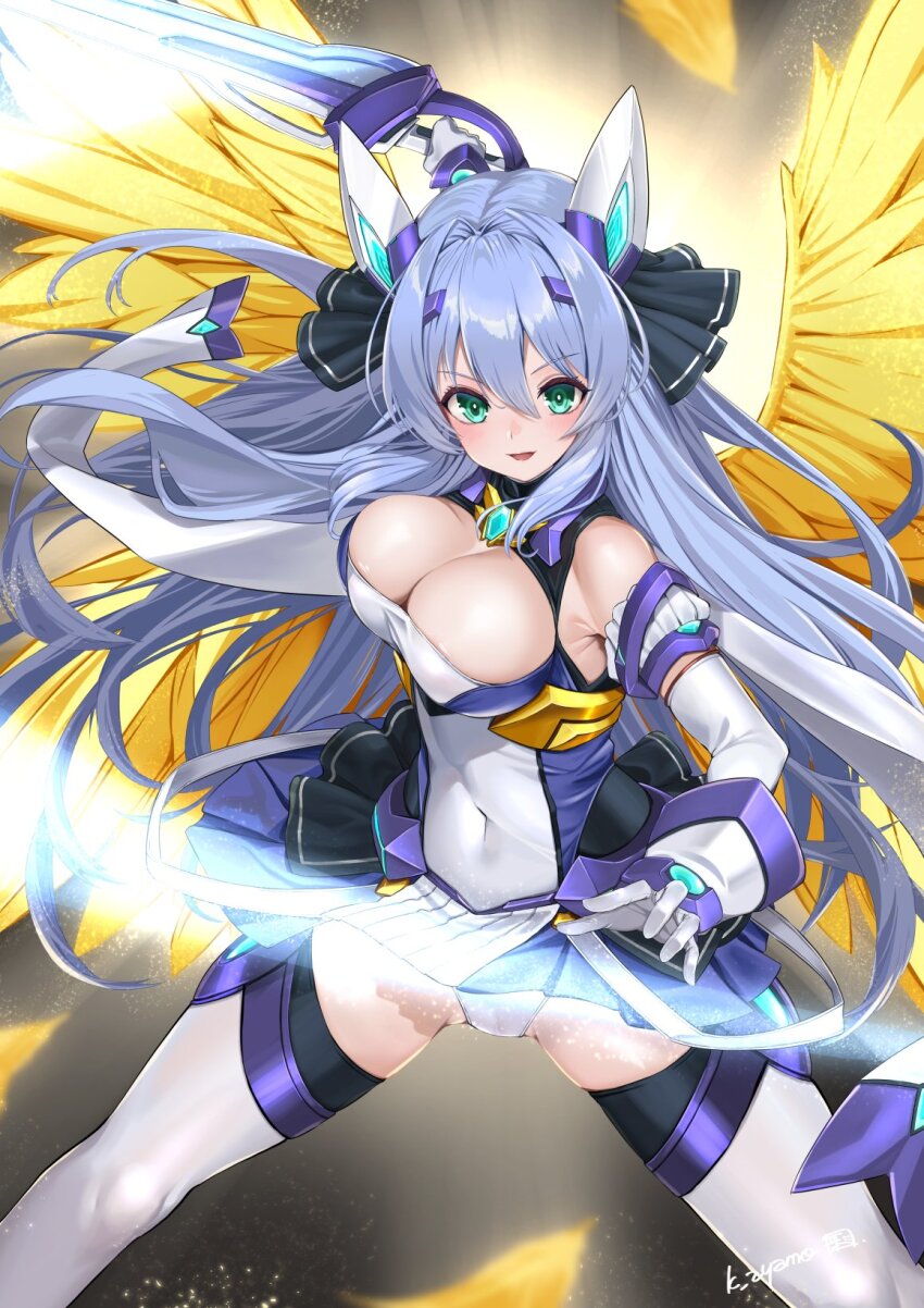 1girl, :d, ayamo_kaoru, bare_shoulders, black_ribbon, blue_hair, blue_skirt, blush