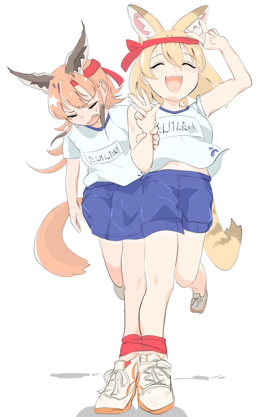 2girls, alternate_costume, animal_ears, blonde_hair, blue_shorts, blush, brown_hair, caracal_(kemono_friends)