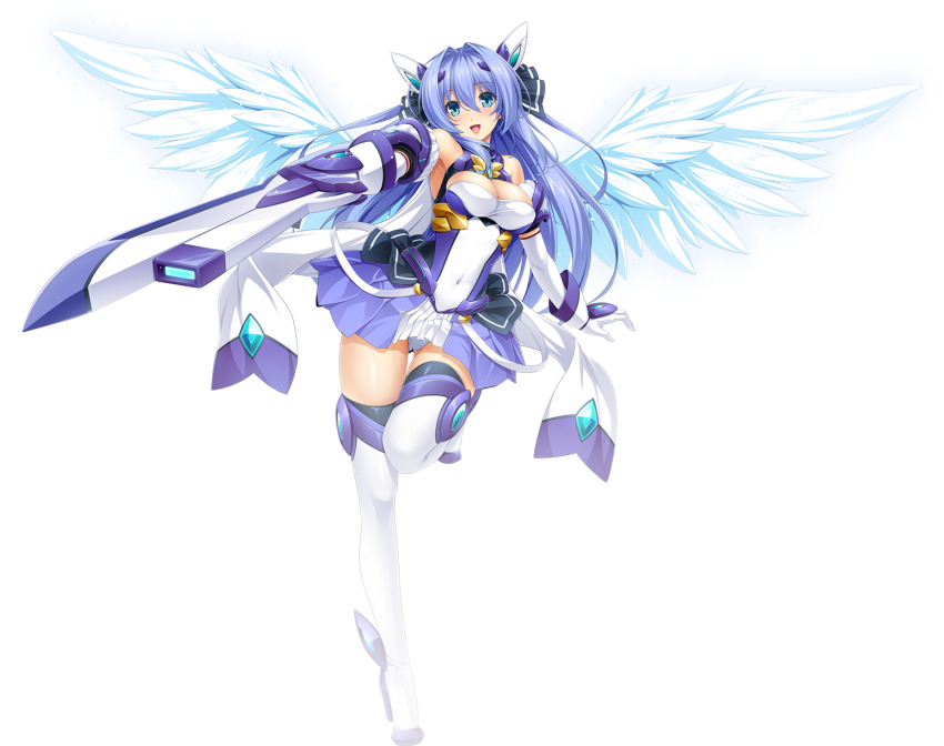 1girl, bare_shoulders, blue_eyes, blue_hair, blush, boots, breasts, cleavage, covered_navel, dress, elbow_gloves, exs-tia, exs-tia_(kouyoku_senki_exs-tia_3), full_body, gloves, gluteal_fold, gunblade, hair_intakes, hair_ornament, headgear, high_heel_boots, high_heels, highres, holding, holding_sword, holding_weapon, inoino, katsuragi_marina, kouyoku_senki_exs-tia, large_breasts, leg_up, long_hair, looking_at_viewer, lusterise, magical_girl, medium_breasts, official_art, open_mouth, outstretched_arm, panties, pleated_skirt, skirt, smile, solo, standing, standing_on_one_leg, sword, thigh_boots, thigh_gap, thighhighs, transparent_background, underwear, weapon, white_gloves, wings, zettai_ryouiki