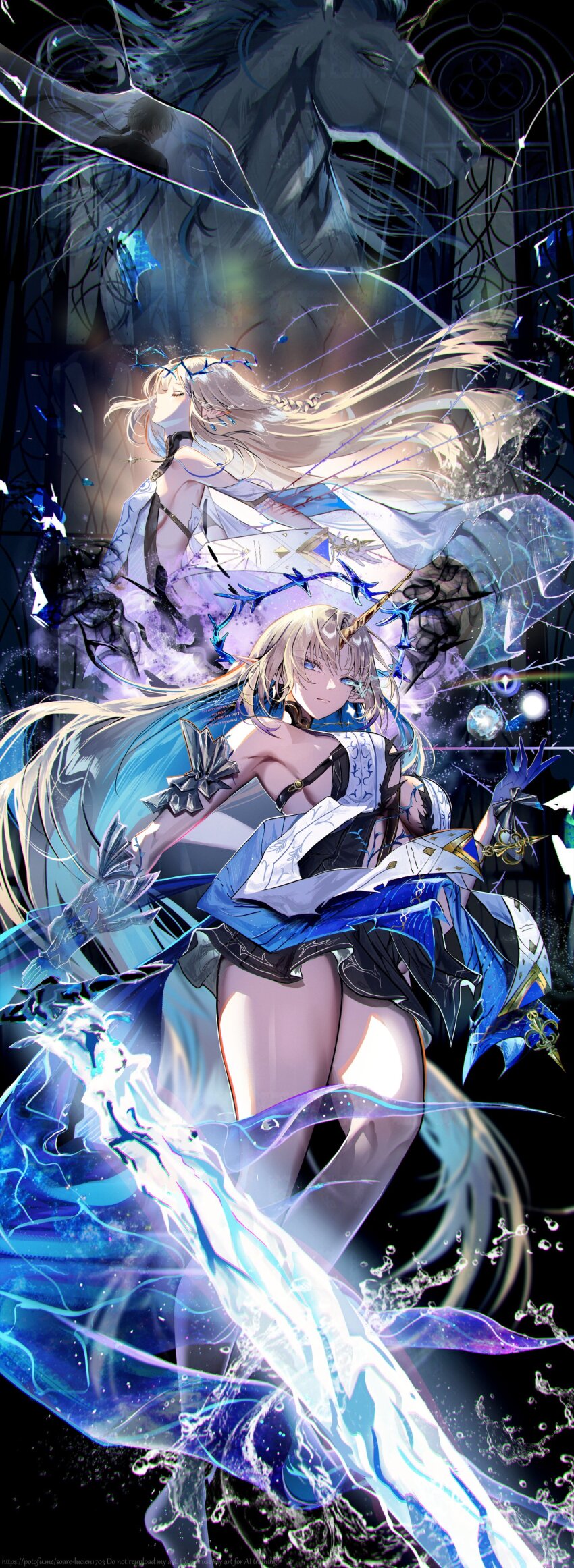 2girls, absurdres, armpits, bare_legs, bare_shoulders, black_collar, black_dress, blue_eyes