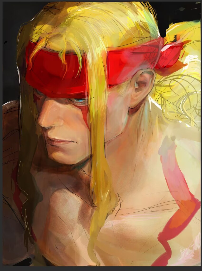 1boy, alex_(street_fighter), alsonotdon, black_background, blonde_hair, blue_eyes, body_markings, closed_mouth