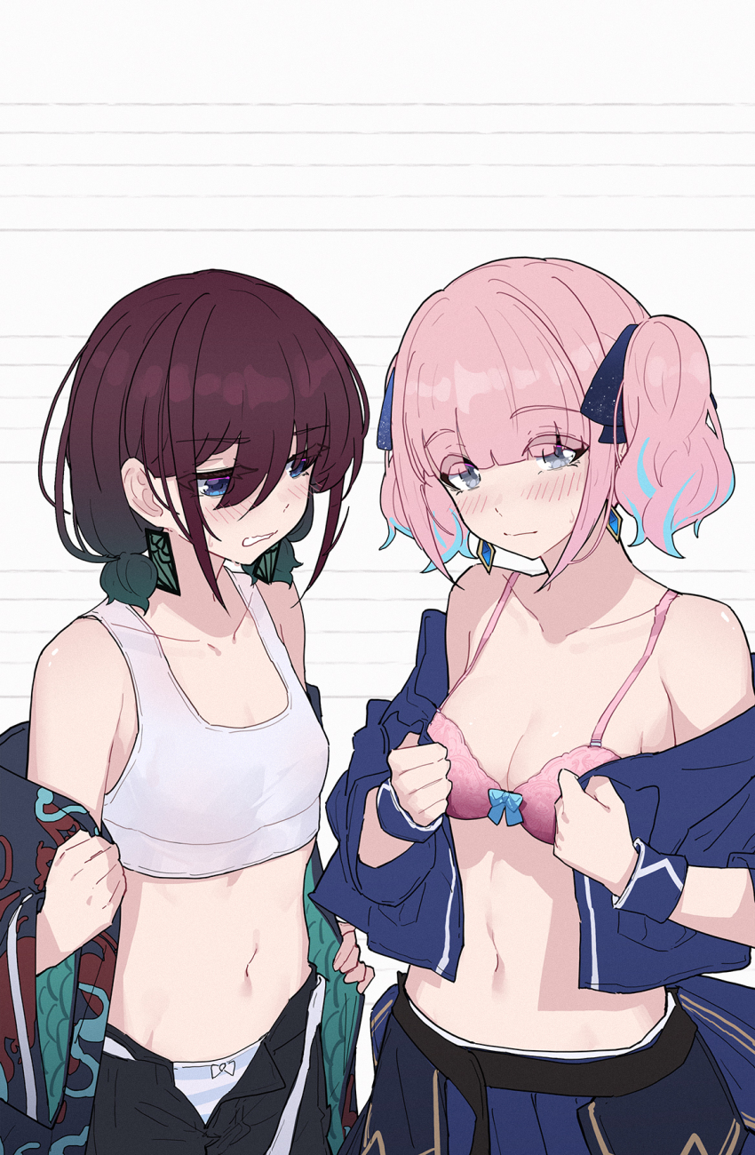 2girls, belt, black_belt, black_shorts, blue_eyes, blue_hair, blue_jacket, blue_panties, blush, bra, breast_envy, breasts, brown_hair, chinese_commentary, cleavage, closed_mouth, commentary_request, earrings, girls_band_cry, gradient_hair, grey_eyes, hair_between_eyes, highres, hina_(girls_band_cry), iseri_nina, jacket, jewelry, kuuhaku_to_catharsis, low_twintails, medium_breasts, multicolored_hair, multiple_girls, navel, open_fly, open_mouth, panties, pink_bra, pink_hair, short_hair, short_twintails, shorts, skirt, stomach, streaked_hair, striped_clothes, striped_panties, sweatdrop, twintails, underwear, undressing, white_bra, white_skirt, yun_cao_bing