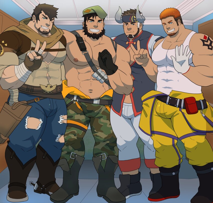 2025, 4boys, abs, antonio_(gyee), arm_tattoo, bara, beard, black_hair