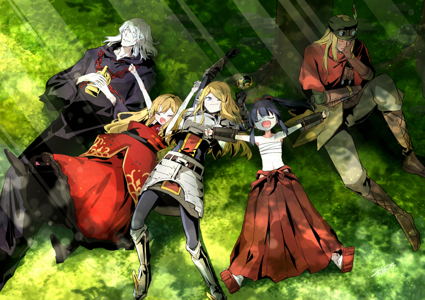 2boys, 3girls, absurdres, armor, armored_boots, arms_up, bare_arms, bare_shoulders, black_boots, black_robe, blonde_hair, boots, breastplate, brown_boots, brown_gloves, bushidou_(sekaiju), bushidou_2_(sekaiju), collarbone, crown, curse_maker, curse_maker_1, day, doctor_magus, doctor_magus_4, dress, elbow_gloves, etrian_odyssey, flat_cap, gloves, goggles, goggles_on_headwear, grass, green_hat, green_jacket, grey_hair, grey_pants, hakama, hakama_skirt, hat, highres, hood, hood_down, hooded_robe, jacket, japanese_clothes, knee_boots, long_hair, lying, mini_crown, multiple_boys, multiple_girls, navel, nikki_kyousuke, on_back, on_ground, outdoors, own_hands_together, paladin_(sekaiju), paladin_2_(sekaiju), pants, ranger_(sekaiju), ranger_1_(sekaiju), red_dress, red_hakama, red_sandals, robe, sandals, sarashi, sekaiju_no_meikyuu, sekaiju_no_meikyuu_2, shoe_soles, sitting, skirt, sleeveless, sleeveless_dress, socks, swept_bangs, tree, unworn_crown, very_long_hair, white_socks, zouri