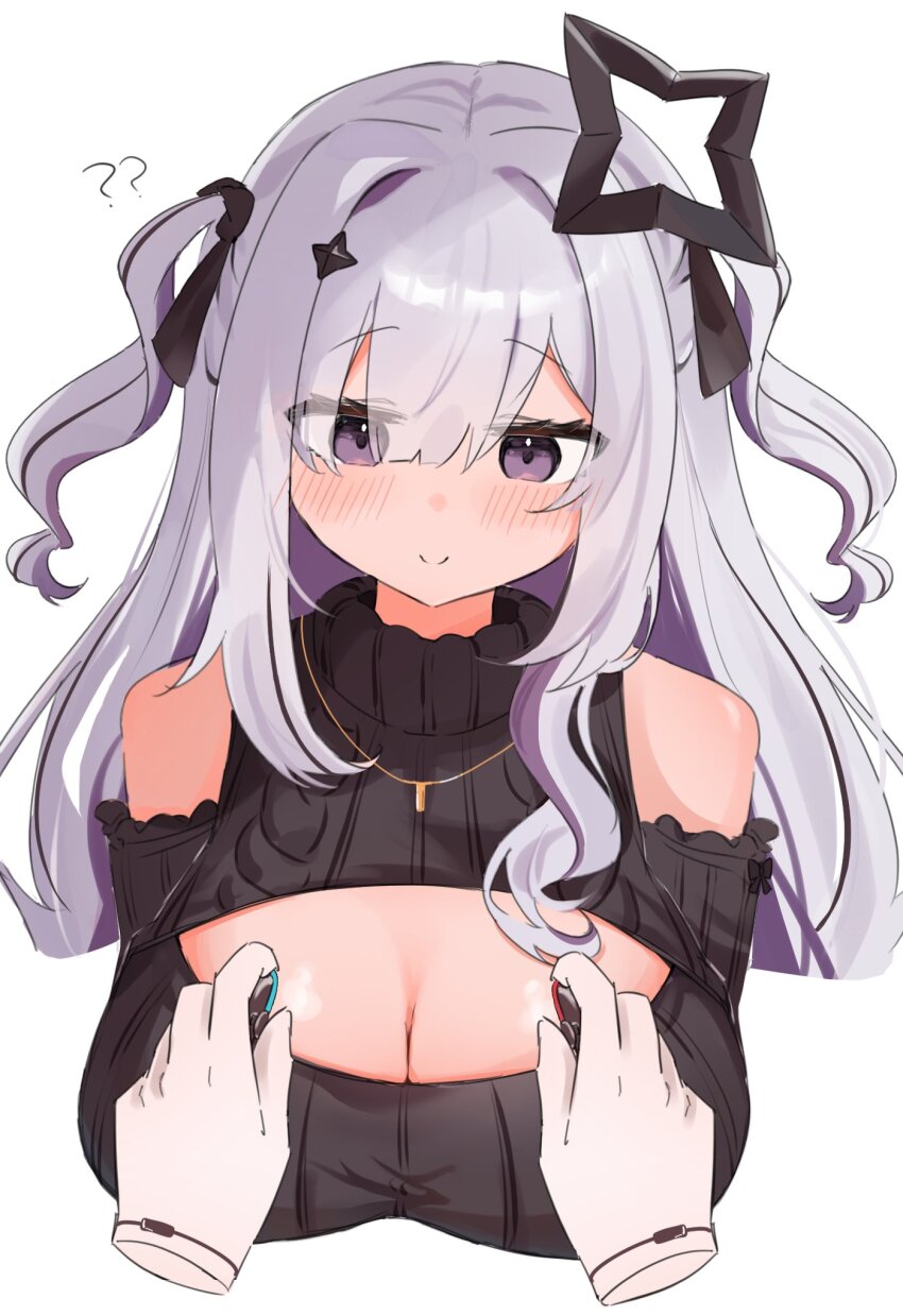 1girl, ?, ??, amane_konata, black_ribbon, black_sweater, blush, breasts