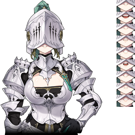 armor, breasts, cleavage, gauntlets, green_hair, iolar_(mabinogi), knight, large_breasts, mabinogi, multiple_expressions, official_art, simple_background, smile, tachi-e
