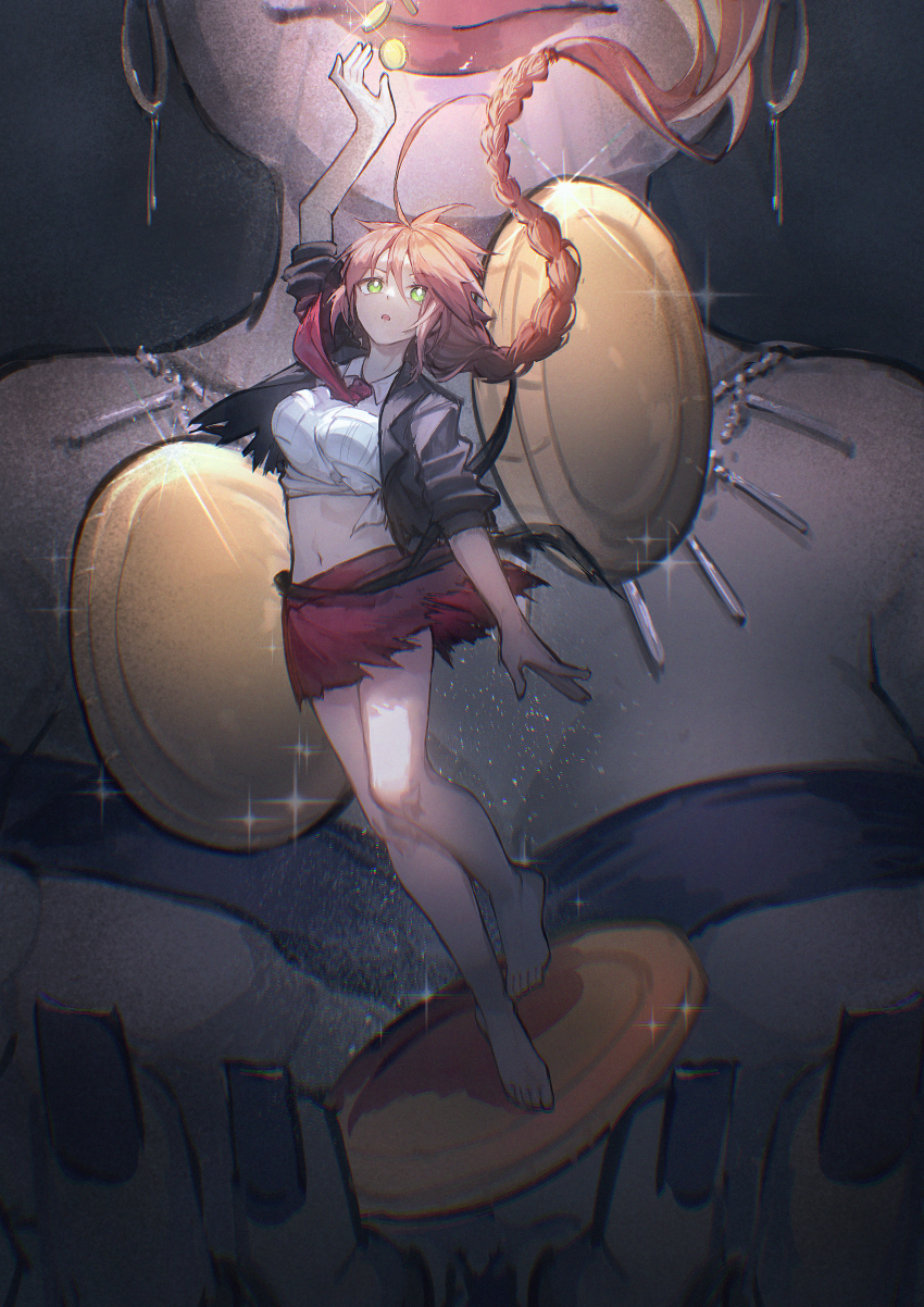 2girls, absurdres, ahoge, arm_at_side, arm_up, bare_legs, barefoot, black_jacket, braid, braided_ponytail, breast_pocket, breasts, character_request, chinese_commentary, coin, collared_shirt, commentary_request, earrings, floating_hair, full_body, glint, gold_coin, green_eyes, highres, hongcai_rainbow, hoop_earrings, ishura, jacket, jewelry, long_hair, looking_up, medium_breasts, midriff, miniskirt, multiple_girls, navel, necktie, open_clothes, open_jacket, open_mouth, orange_hair, pocket, red_hair, red_necktie, red_skirt, shirt, skirt, sleeves_rolled_up, sparkle, tied_shirt, torn_clothes, torn_jacket, torn_skirt, tu_the_magic, very_long_hair, white_shirt