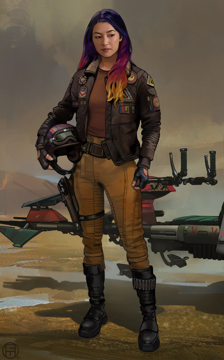 1girl, absurdres, black_boots, black_gloves, blonde_hair, boots, brian_matyas, brown_jacket, brown_pants, brown_shirt, fingerless_gloves, full_body, gloves, helmet, highres, holding, holding_unworn_helmet, jacket, long_hair, multicolored_hair, open_clothes, open_jacket, pants, purple_hair, realistic, sabine_wren, shirt, solo, speeder_bike, standing, star_wars, star_wars:_ahsoka, unworn_headwear, unworn_helmet