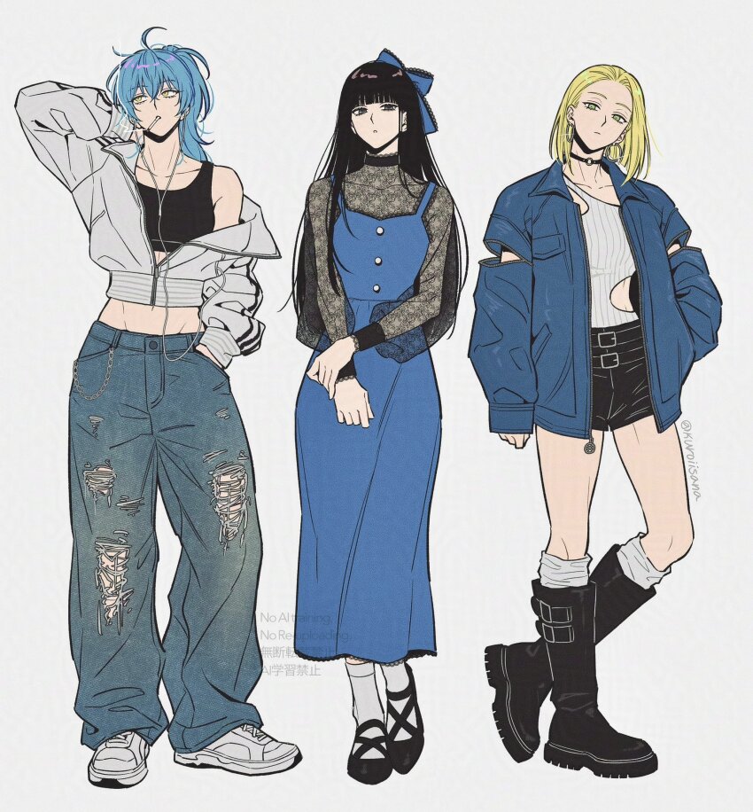 3girls, akao_rion, alternate_costume, arm_up, baggy_pants, belt, black_boots, black_hair, black_sports_bra, blonde_hair, blue_bow, blue_dress, blue_hair, blue_jacket, blunt_bangs, boots, bow, choker, cigarette, clothing_cutout, collarbone, commentary, cropped_jacket, denim, dress, earbuds, earphones, flats, full_body, green_eyes, grey_eyes, hair_bow, hand_in_pocket, hand_on_own_wrist, head_tilt, heel_up, highres, jacket, jeans, knee_boots, kumanomi_(sakamoto_days), kuroiisana, lace, lace-trimmed_dress, lace_trim, looking_at_viewer, loose_socks, messy_hair, midriff, multiple_girls, o-ring, o-ring_choker, off_shoulder, open_clothes, open_jacket, osaragi_(sakamoto_days), pants, partially_open_jacket, sakamoto_days, see-through_clothes, shoes, short_shorts, shorts, side_cutout, single_bare_shoulder, smoking, sneakers, socks, sports_bra, streetwear, untranslatable_commentary, thighs, torn_clothes, torn_jeans, torn_pants, track_jacket, white_socks, yellow_eyes