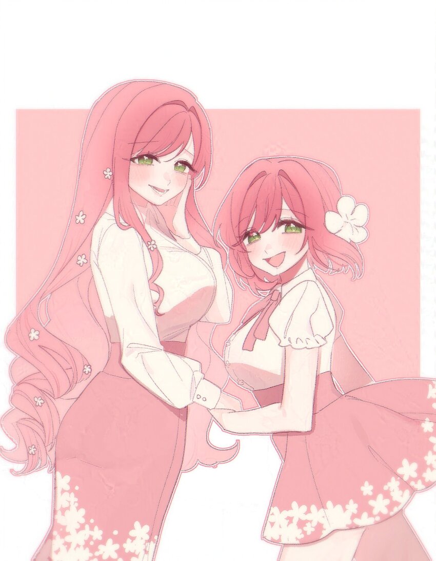 2girls, :d, ass_peek, blush, border, bow, bowtie, breasts, casual, chi_kan100, collared_shirt, cowboy_shot, drill_hair, female_focus, floral_print, floral_print_skirt, flower, frilled_sleeves, frills, from_side, green_eyes, hair_between_eyes, hair_flower, hair_intakes, hair_ornament, hanazono_hahari, hanazono_hakari, hand_on_own_cheek, hand_on_own_face, height_difference, high-waist_skirt, highres, holding_hands, kimi_no_koto_ga_dai_dai_dai_dai_daisuki_na_100-nin_no_kanojo, large_breasts, long_hair, long_sleeves, looking_at_viewer, lower_teeth_only, matching_outfits, mature_female, medium_hair, miniskirt, mother_and_child, mother_and_daughter, multiple_girls, open_mouth, outline, outside_border, parent_and_child, parted_bangs, pencil_skirt, pink_background, pink_bow, pink_bowtie, pink_hair, pink_outline, pink_skirt, print_skirt, puffy_short_sleeves, puffy_sleeves, raised_eyebrows, shirt, short_sleeves, sidelocks, simple_background, skirt, smile, teeth, underbust, very_long_hair, white_border, white_outline, white_shirt
