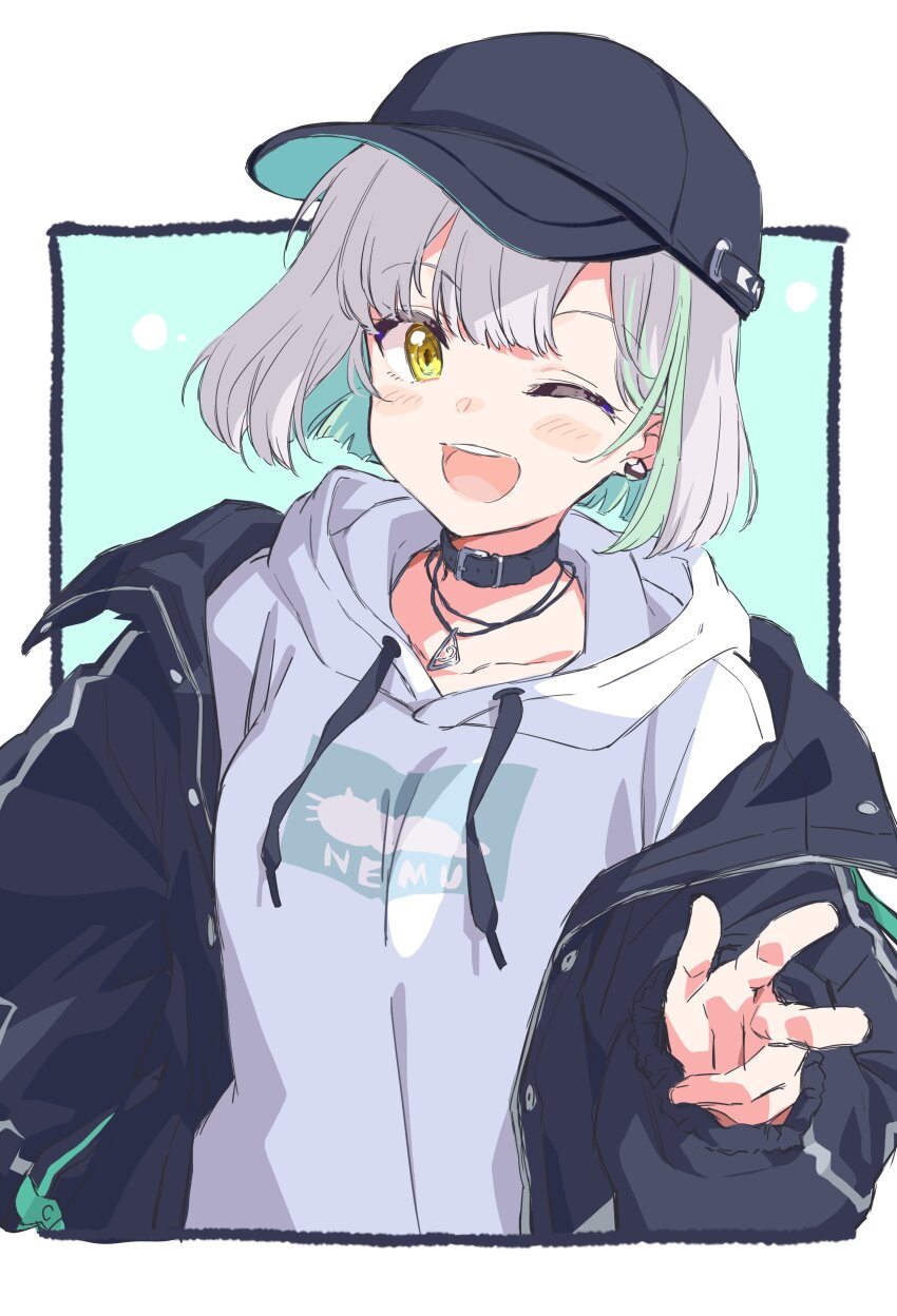 1girl, absurdres, baseball_cap, black_hat, black_jacket, breasts, choker, collarbone