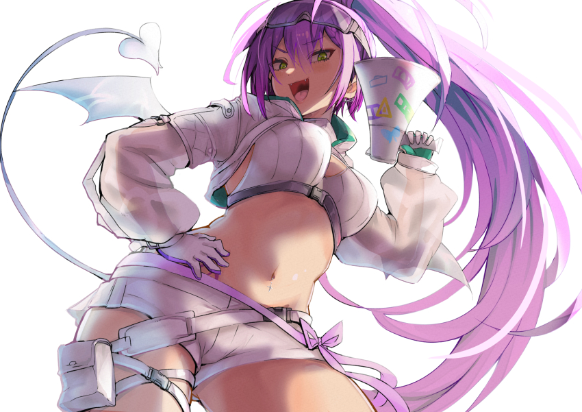 1girl, alternate_breast_size_(larger), alternate_hair_length_(longer), belt, breasts, chest_belt, commentary_request, contrapposto, cowboy_shot, demon_girl, demon_tail, demon_wings, double-parted_bangs, ear_chain, from_below, goggles, goggles_on_head, gradient_hair, green_eyes, hair_between_eyes, hand_on_own_hip, high_ponytail, highres, holding, holding_megaphone, hololive, hooded_shrug, linked_piercing, liquid_tail, long_hair, long_sleeves, looking_at_viewer, medium_breasts, megaphone, midriff, multicolored_hair, multiple_belts, navel, official_alternate_costume, official_alternate_hairstyle, piercing, pink_hair, pointy_breasts, ponytail, pouch, puffy_long_sleeves, puffy_sleeves, purple_hair, see-through_clothes, see-through_sleeves, short_shorts, shorts, shrug_(clothing), sidelocks, simple_background, ski_goggles, solo, sports_bra, streaked_hair, tail, thigh_pouch, thigh_strap, tokoyami_towa, tokoyami_towa_(cyberpunk), very_long_hair, virtual_youtuber, white_background, white_shorts, white_shrug, white_sports_bra, white_tail, white_wings, wings, yude