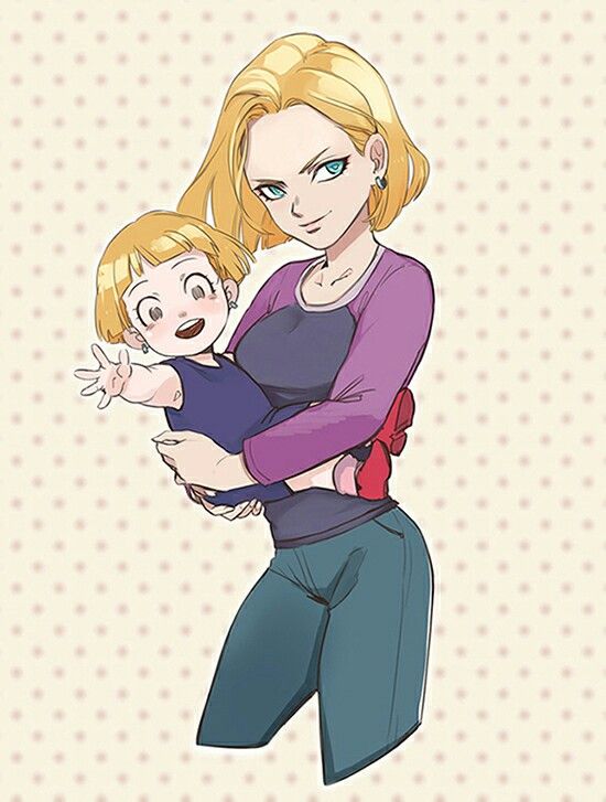 2girls, android_18, blonde_hair, blue_eyes, dragon_ball, dragon_ball_super, happy, holding_child, looking_at_viewer, marron_(dragon_ball), mother_and_child, mother_and_daughter, multiple_girls, parent_and_child, smile