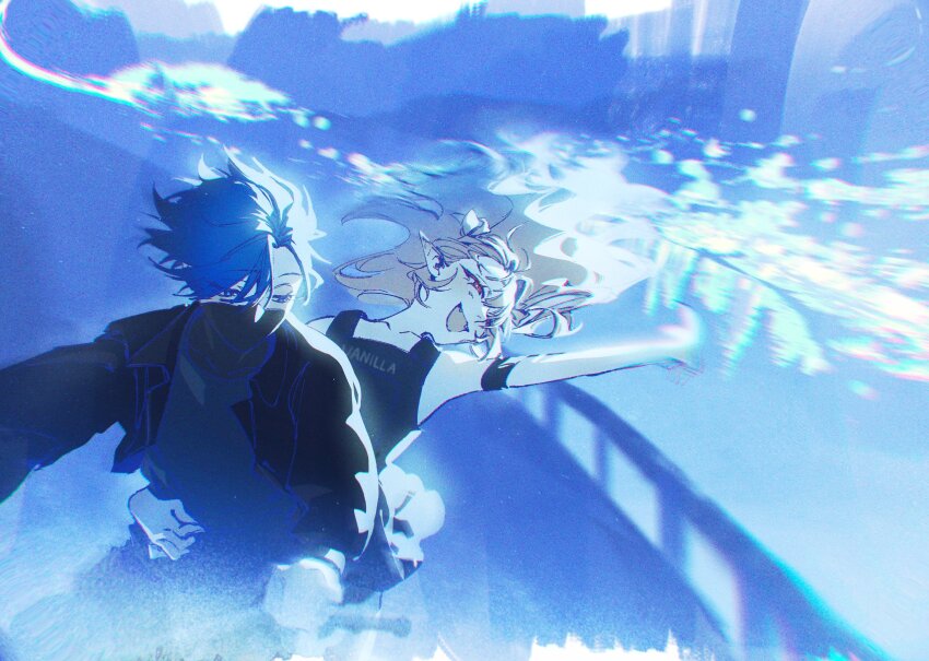 1boy, 1girl, :d, absurdres, arm_around_another's_waist, arm_up, armband, bare_shoulders, black_jacket, black_mask, black_shirt, black_vest, blonde_hair, blue_eyes, blurry, chromatic_aberration, collarbone, colored_skin, crazy_raccoon, depth_of_field, expressionless, fangs, floating_hair, hair_between_eyes, hair_over_one_eye, hakuu_no_hoshi, half-closed_eyes, happy, highres, jacket, light_blush, long_hair, makaino_ririmu, mask, motor_vehicle, motorcycle, mouth_mask, nijisanji, ninja_mask, on_motorcycle, open_mouth, outdoors, pointy_ears, red_eyes, riding, shirt, short_hair, side_part, smile, soft_focus, vanilla_(crazy_raccoon), vest, virtual_youtuber, white_skin