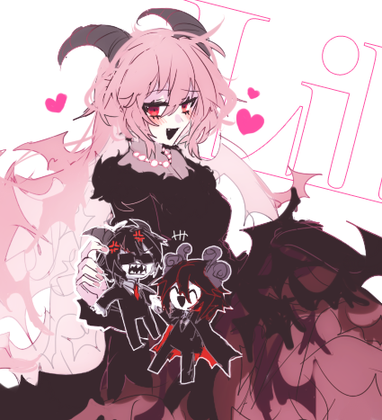 1girl, 2boys, anger_vein, black_dress, black_hair, blush, demon_boy, demon_girl