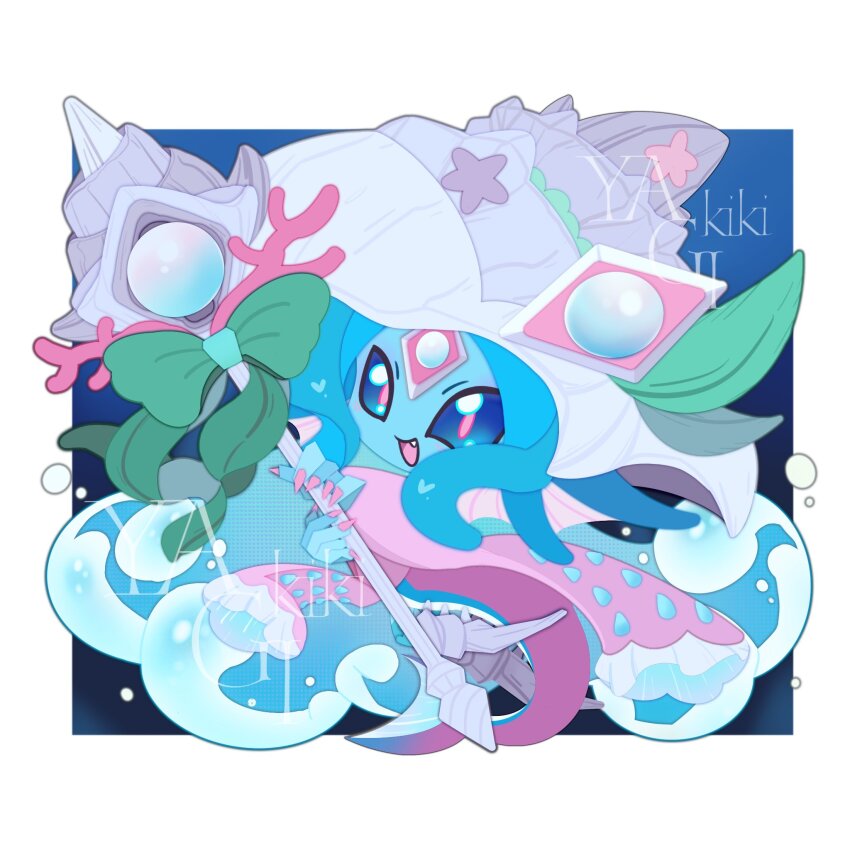 1girl, ariemon, blue_background, blue_hair, blue_skin, chibi, colored_skin, digimon, digimon_(creature), fang, forehead_jewel, hat, highres, holding, holding_staff, japanese_clothes, kimono, nail_polish, pink_kimono, simple_background, solo, staff, yagi_kiki