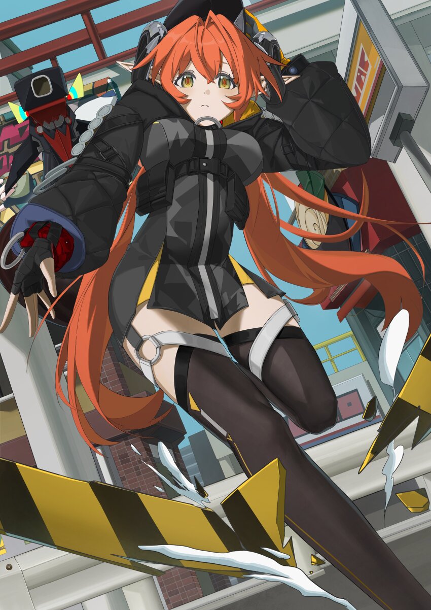 1girl, absurdres, alidu, asymmetrical_gloves, black_hoodie, black_horns, black_pantyhose, cropped_hoodie