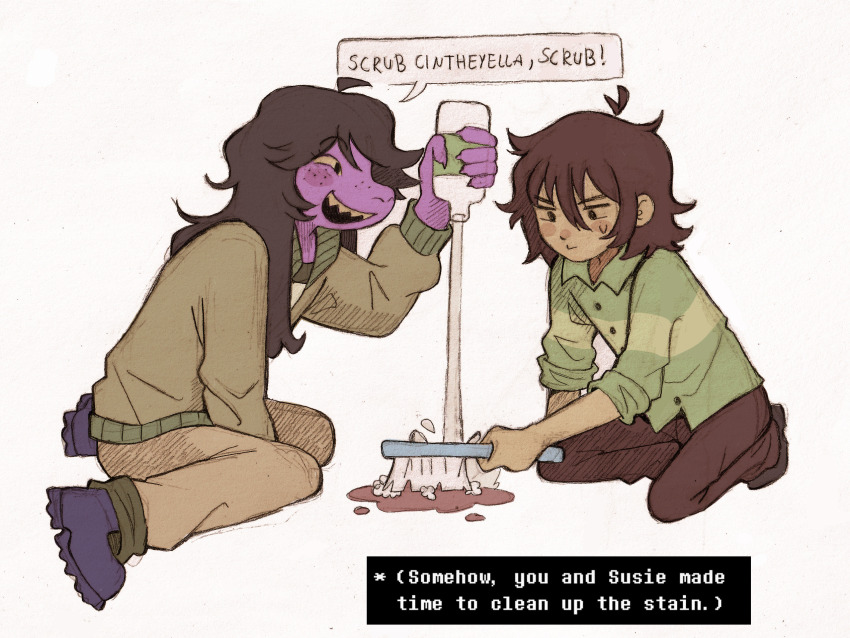 1girl, 1other, alternate_skin_color, blush, cleaning, colored_skin, colored_teeth, deltarune