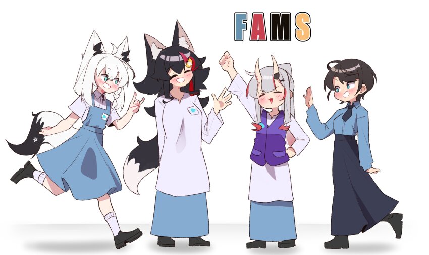 4girls, absurdres, animal_ears, baju_kurung, black_hair, black_necktie, black_shoes, black_skirt