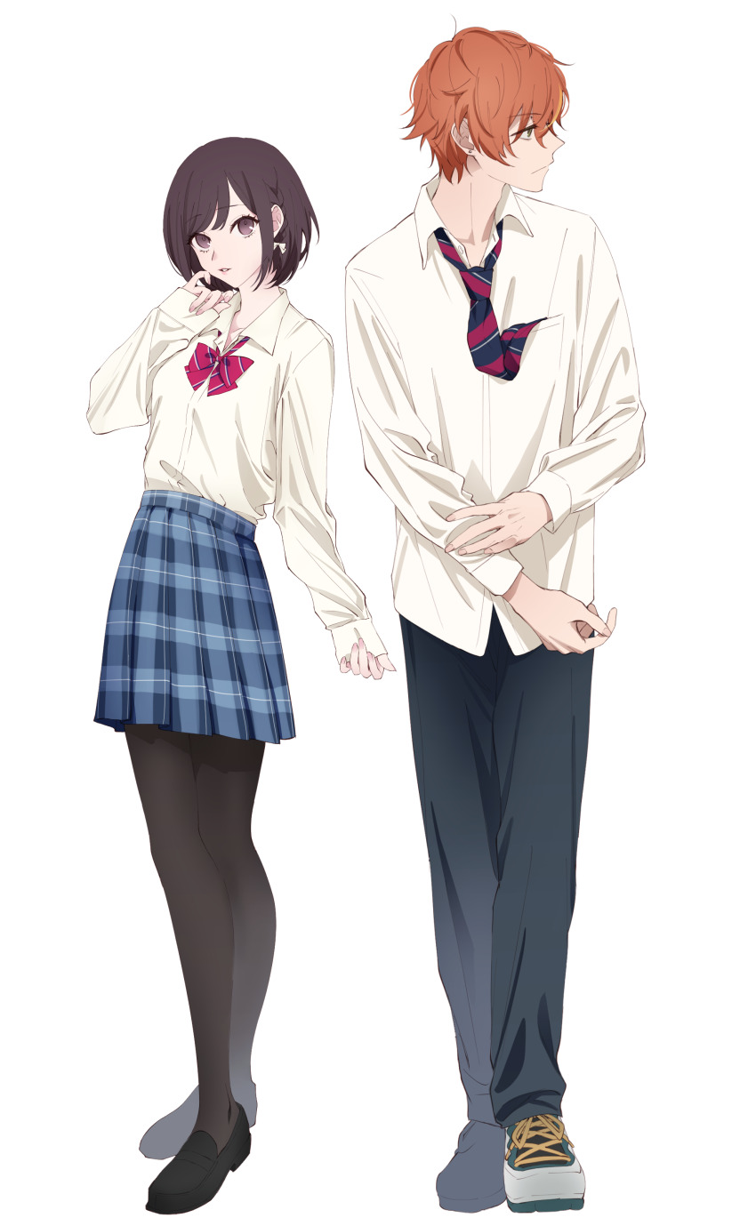 1boy, 1girl, absurdres, adam's_apple, ahoge, arm_at_side, back-to-back, black_necktie