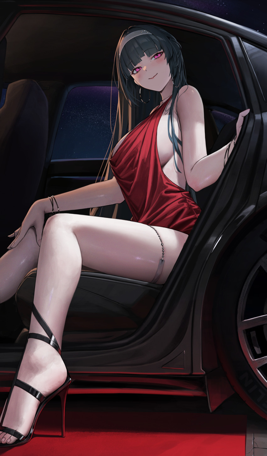 1girl, astra_yao, black_hair, blush, bracelet, breasts, car_interior, closed_mouth