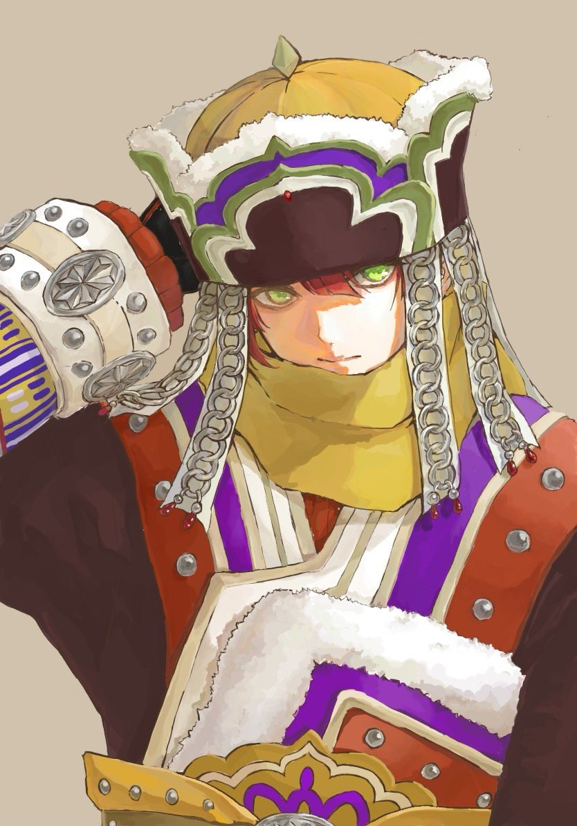 1boy, ainu_clothes, aryata_(rprr5j9cau), brown_background, closed_mouth, commentary_request, cuilang_(rune_factory), gloves