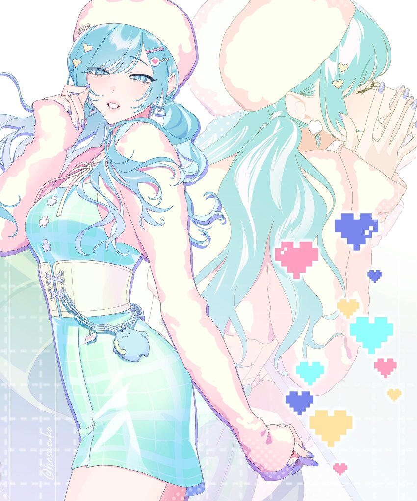 1girl, :d, absurdres, aqua_dress, arm_at_side, blue_eyes, blue_hair, breasts