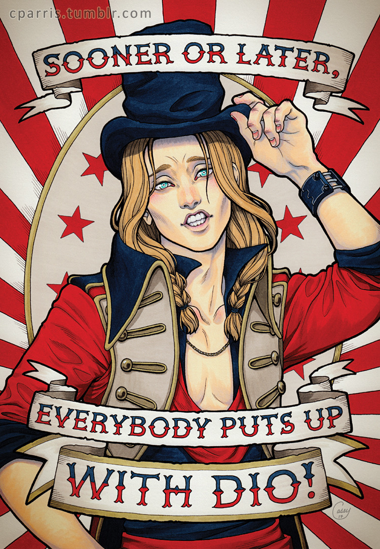 1boy, adjusting_clothes, adjusting_headwear, aqua_eyes, black_hat, blonde_hair, bracelet, braid, casey_parris, character_name, colored_pencil_(medium), commentary, dio_(kyokugen_dasshutsu), english_commentary, english_text, fingernails, gouache_(medium), hat, jacket, jewelry, kyokugen_dasshutsu, kyokugen_dasshutsu_adv:_zennin_shibou_desu, lips, male_focus, marker_(medium), medium_hair, mixed_media, necklace, open_clothes, open_jacket, painting_(medium), pectorals, photoshop_(medium), red_jacket, shirt, solo, source_quote, star_(symbol), teeth, top_hat, traditional_media, tumblr_username, twin_braids, upper_body, watermark, web_address