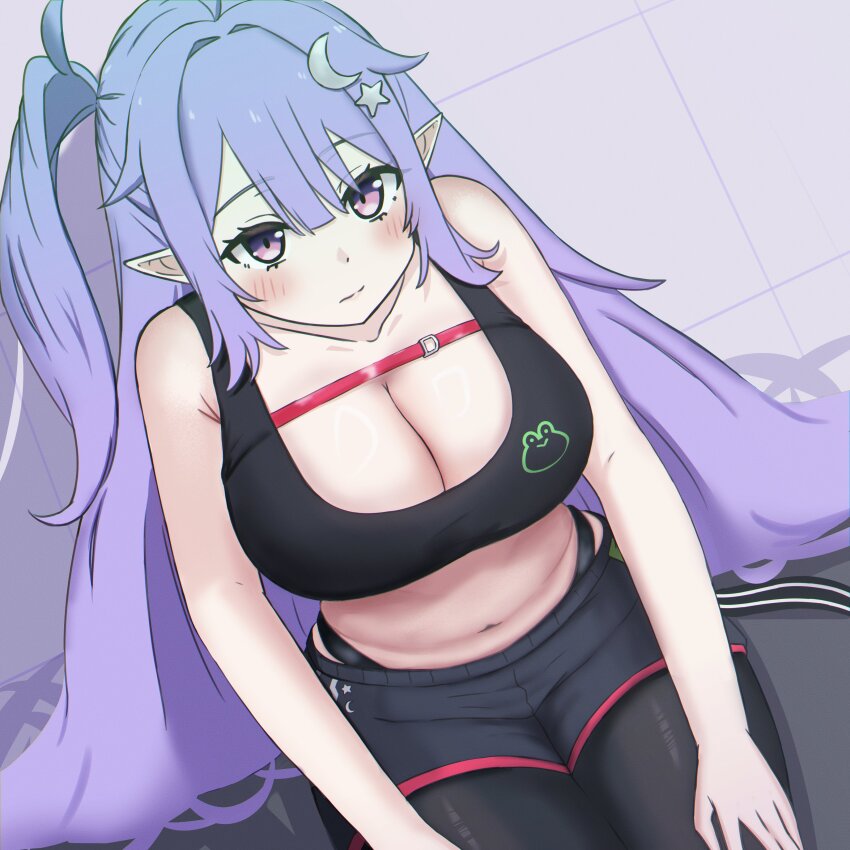 1girl, absurdres, bare_arms, black_pantyhose, black_shorts, black_sports_bra, blush, breasts