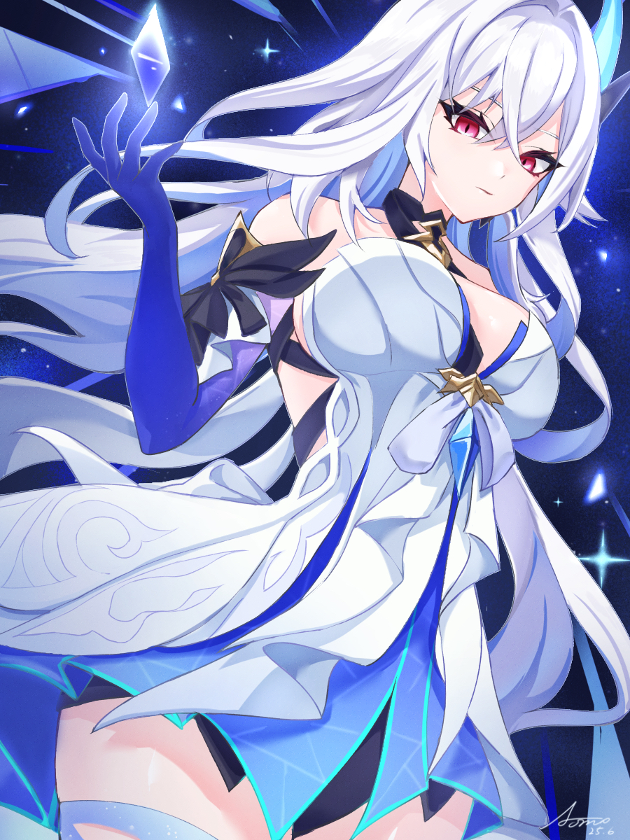 1girl, aomo, artist_name, bare_shoulders, breasts, broken_glass, closed_mouth, commentary