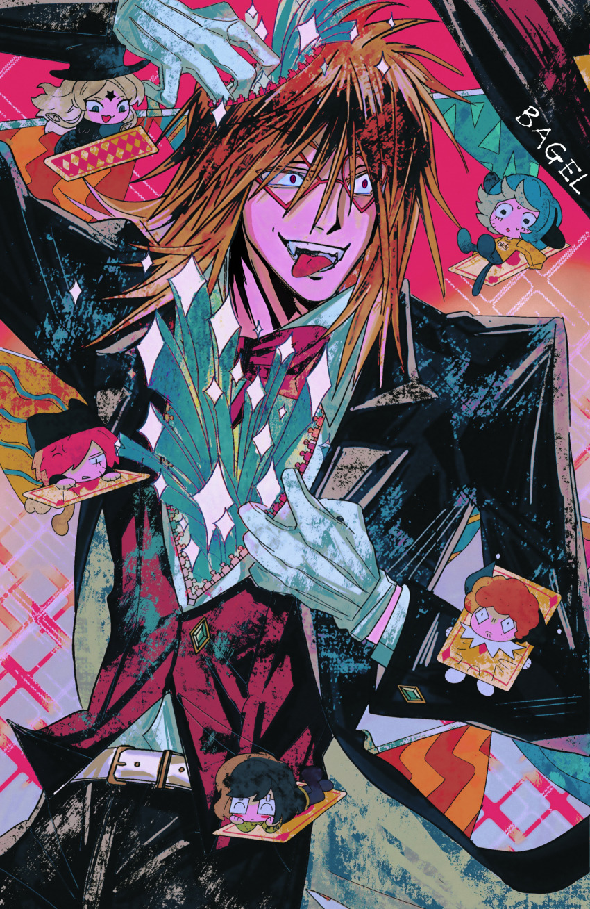 1girl, 5boys, absurdres, bagel_(xinjinjumin900341874831), black_suit, card, chibi, coattails