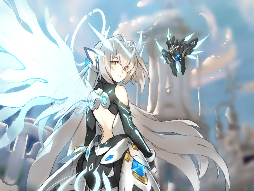 1girl, 1nfb, absurdres, backless_outfit, bare_shoulders, black_bodysuit, blue_gem, blue_wings, blurry, blurry_background, bodysuit, code:_sariel_(elsword), commission, drone, elsword, energy_wings, eve_(elsword), formal_clothes, gem, grey_hair, hair_ornament, halo, highres, long_hair, looking_back, moby_(elsword), orange_eyes, suit, very_long_hair, wings