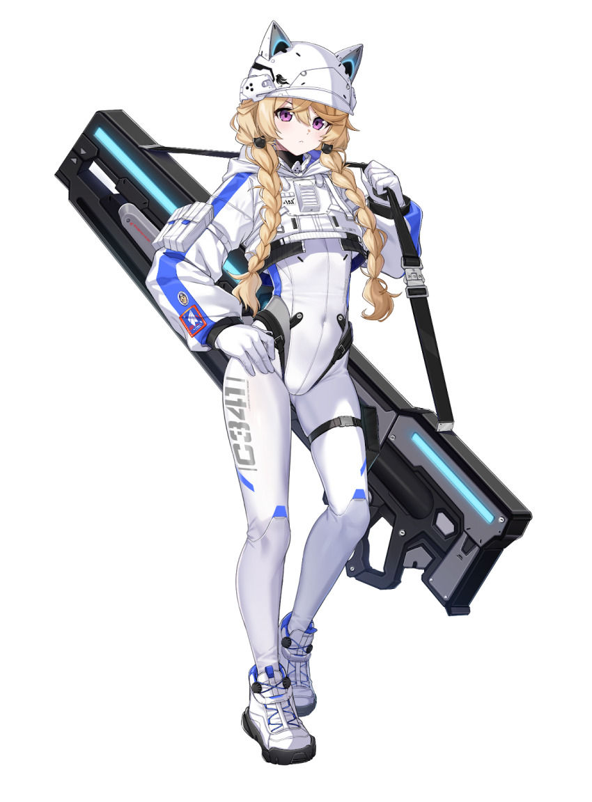 1girl, :<, alpha_transparency, animal_ear_helmet, animal_ears_helmet, animal_helmet, arm_pouch, blonde_hair, bodysuit, braid, buckle, carrying, cat_hair_ornament, cat_helmet, commentary, counter:side, covered_navel, cropped_jacket, energy_gun, english_commentary, felicette_(counter:side), full_body, gloves, hair_between_eyes, hair_ornament, hand_on_own_hip, helmet, highres, hood, hood_down, hooded_jacket, jacket, long_hair, long_sleeves, looking_at_viewer, official_art, patch, pouch, purple_eyes, shoes, simple_background, snap-fit_buckle, sneakers, solo, standing, tachi-e, thigh_pouch, thigh_strap, transparent_background, twin_braids, weapon, white_bodysuit, white_gloves, white_helmet, white_jacket, white_shoes
