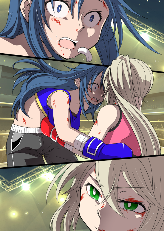 asako_komaki, blue_eyes, blue_hair, boxing, boxing_gloves, boxing_ring, boxing_shorts, green_eyes