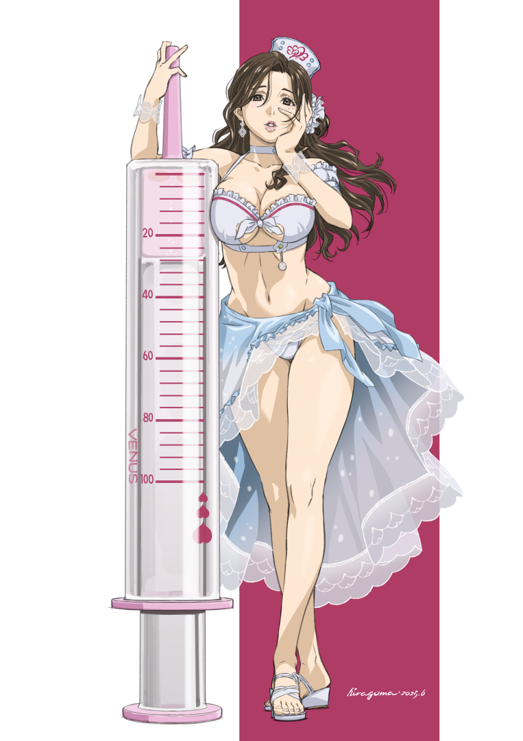 1girl, armband, bikini, blue_sarong, bow, breasts, brown_eyes, brown_hair